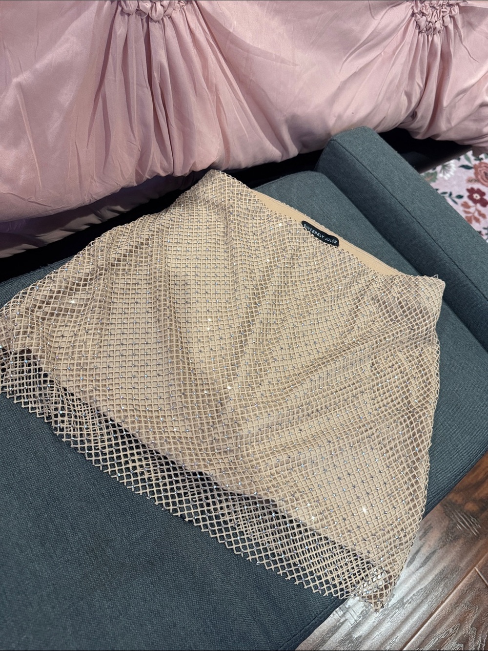 Sincerely Jules Beige Beaded Mesh Mini Skirt